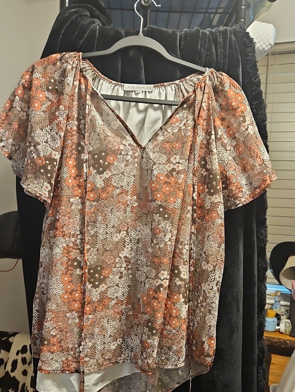 Miss Sparkling Brown & Orange Floral V-Neck Flutter Blouse